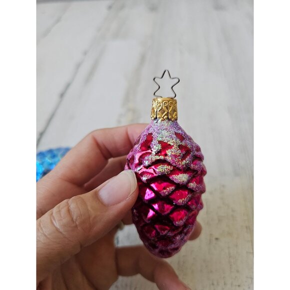 Inge glas acorn pinecone glitter blue red ornament Xmas tree Germany - Picture 7 of 9